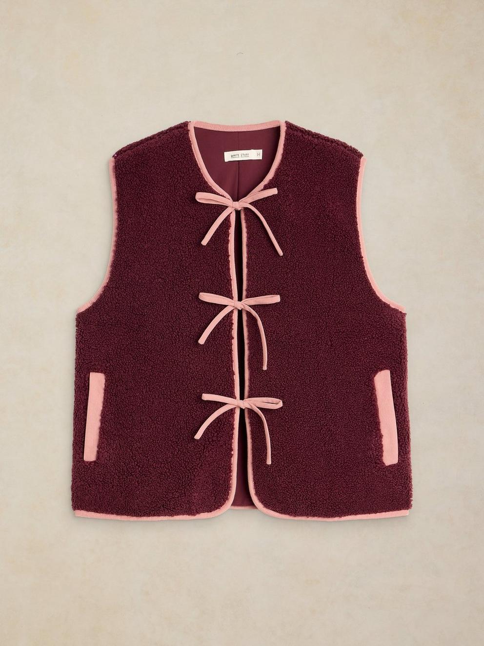BORG TIE FRONT GILET in DK PLUM - FLAT FRONT