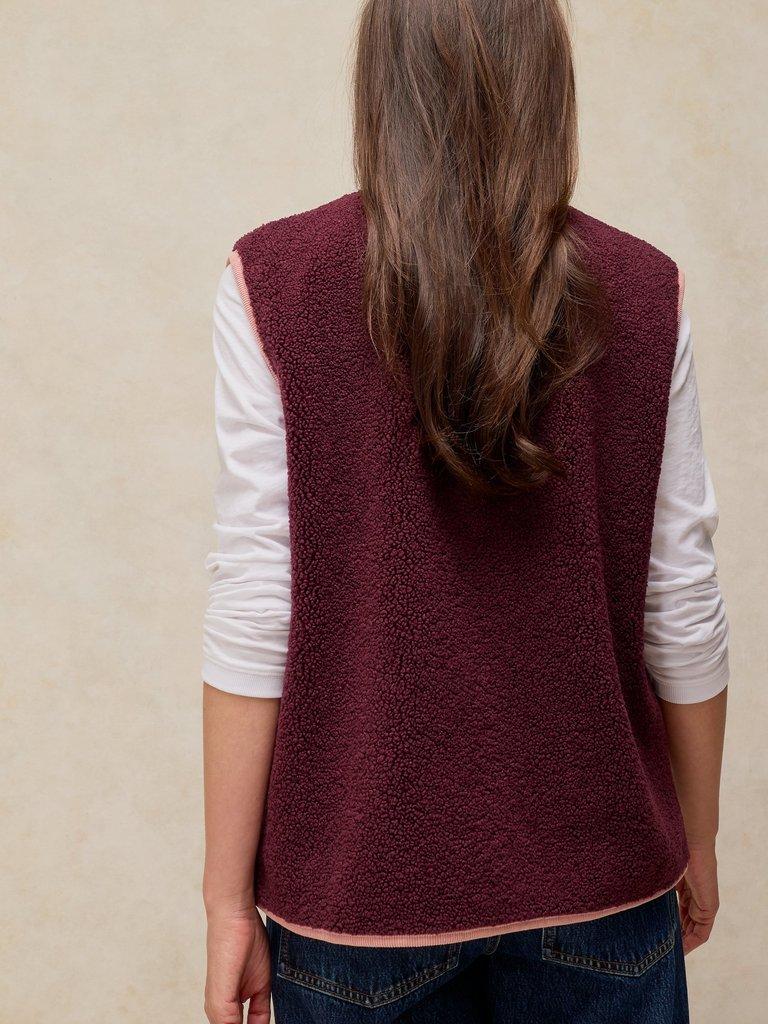 BORG TIE FRONT GILET in DK PLUM - MODEL BACK