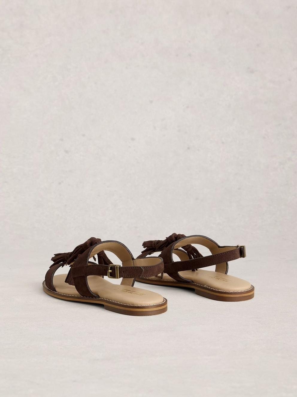 Tala Suede Tassel Sandal in DK BROWN - FLAT BACK