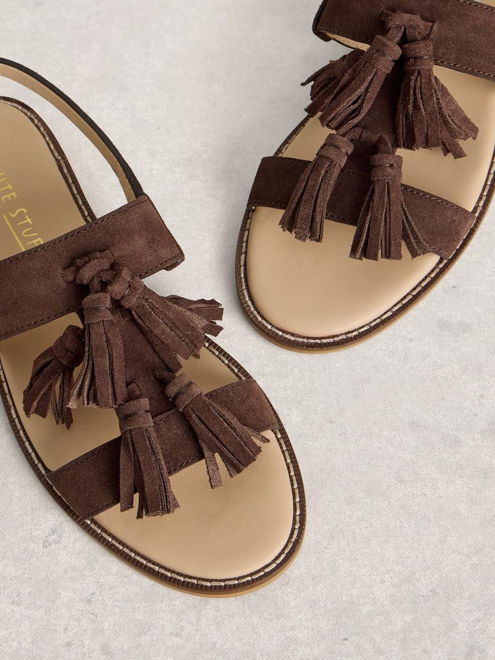 Tala Suede Tassel Sandal in DK BROWN - FLAT DETAIL