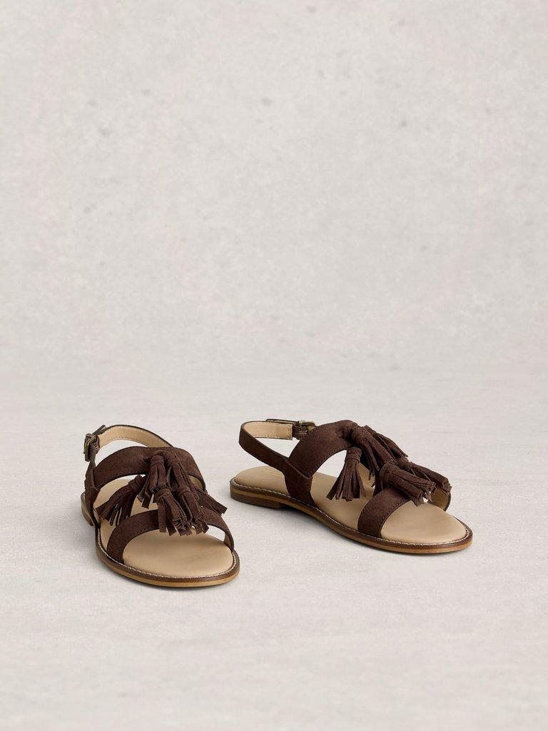 Tala Suede Tassel Sandal in DK BROWN - FLAT FRONT