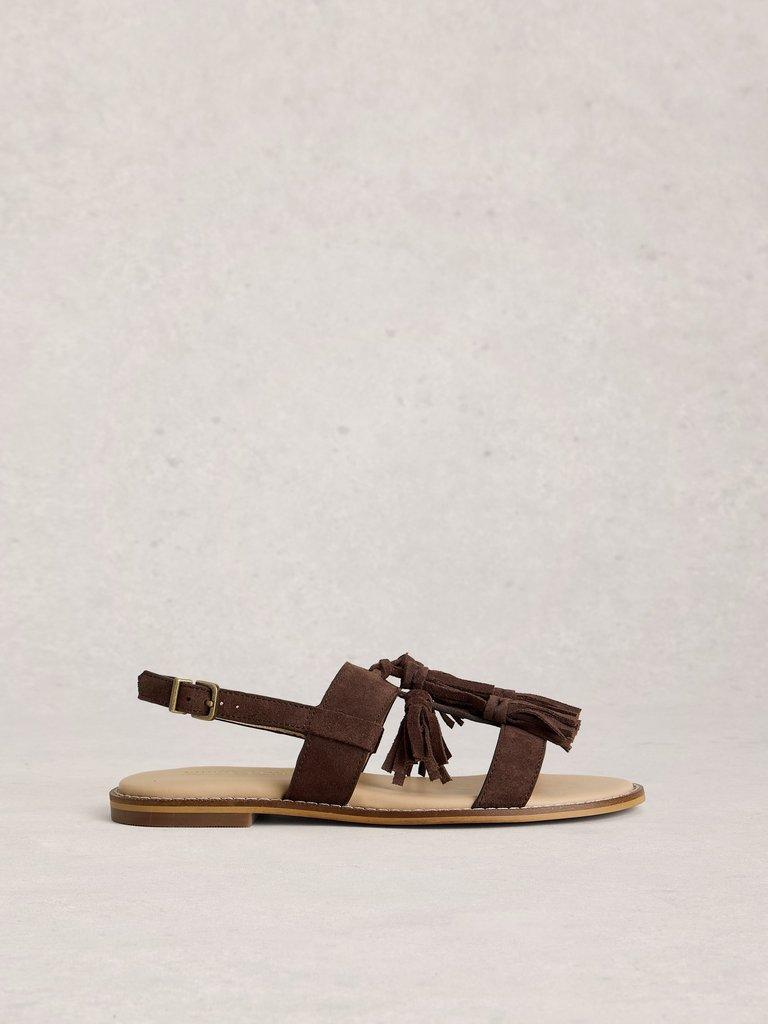 Tala Suede Tassel Sandal in DK BROWN - LIFESTYLE