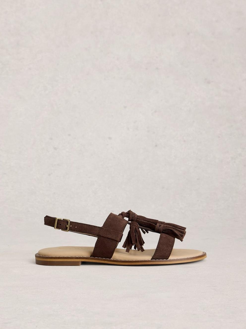 Tala Suede Tassel Sandal in DK BROWN - LIFESTYLE