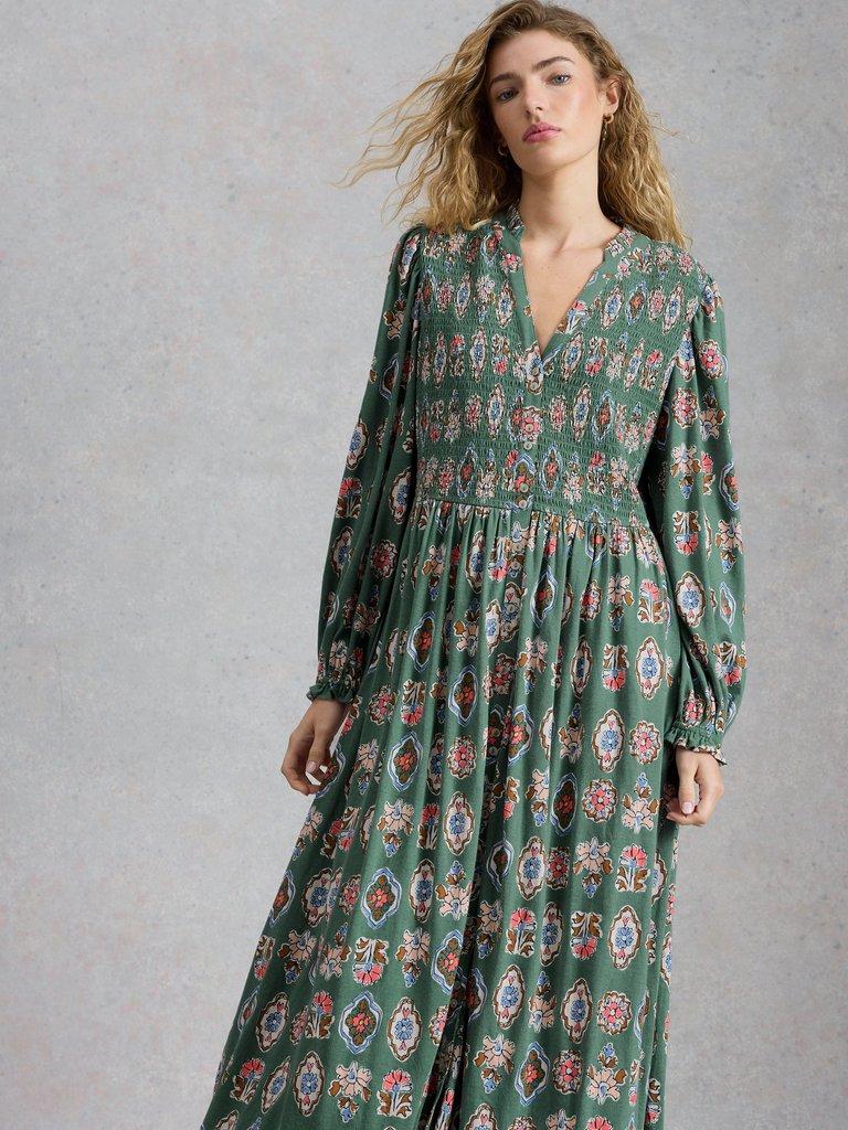 Ada Shirred Jersey Dress in GREEN MLT - MODEL DETAIL
