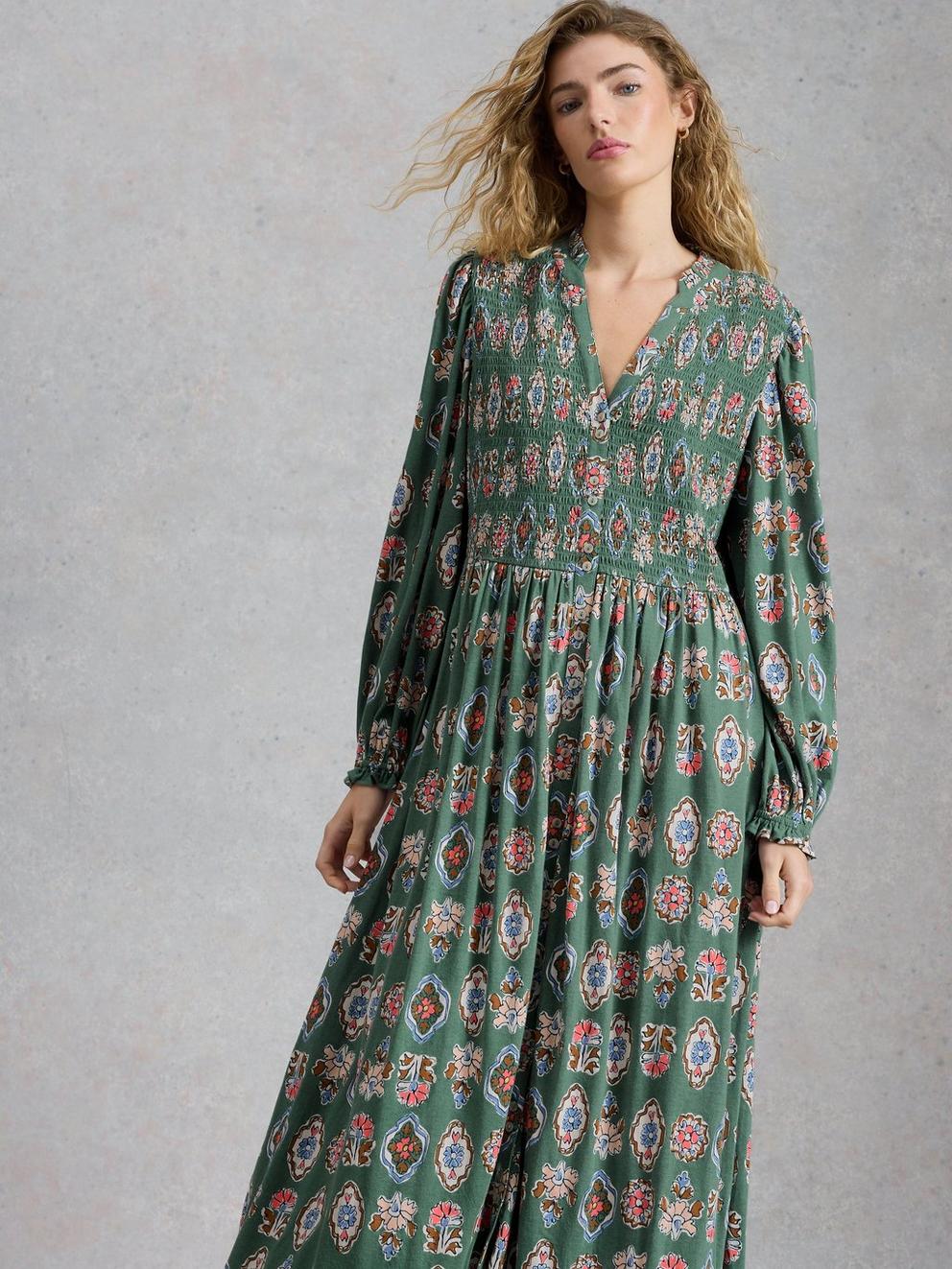 Ada Shirred Jersey Dress in GREEN MLT - MODEL DETAIL