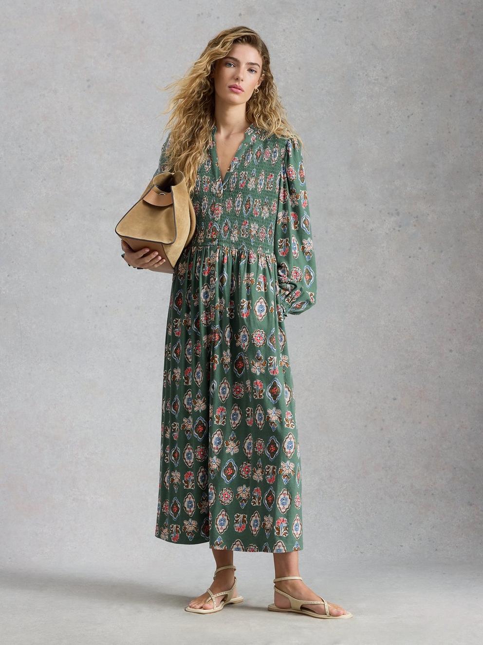 Ada Shirred Jersey Dress in GREEN MLT - MODEL FRONT