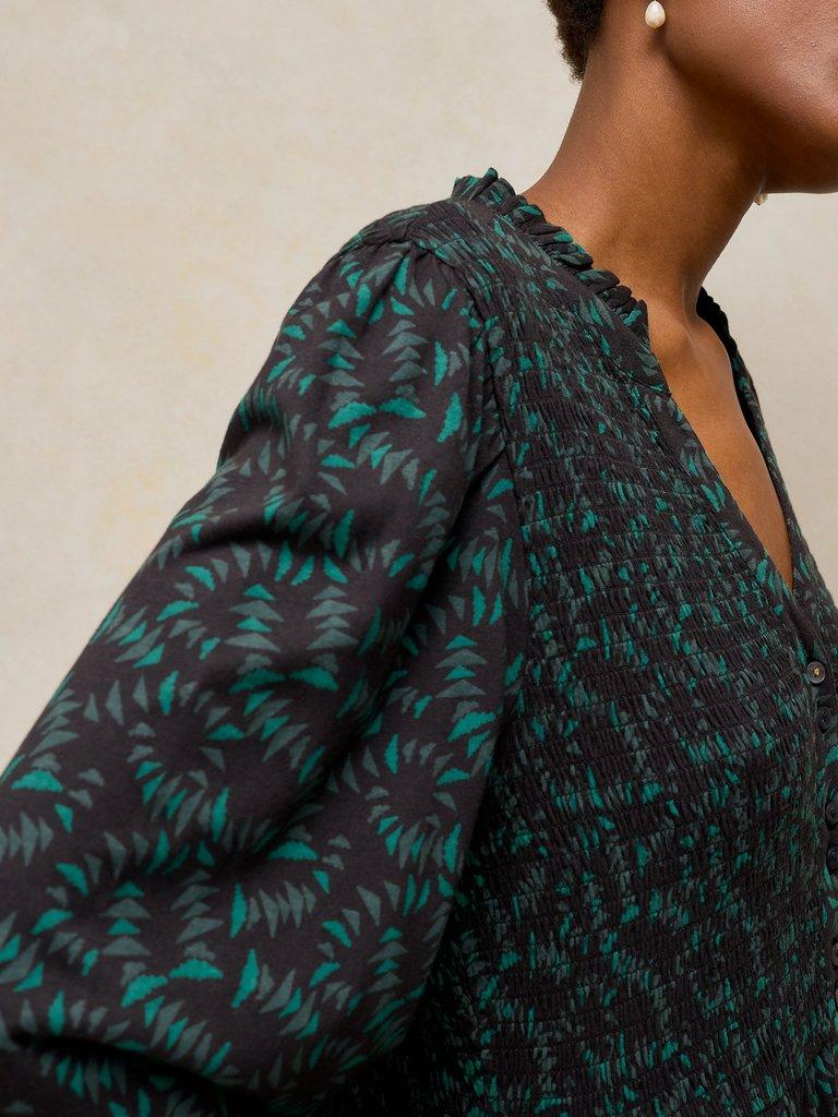 ADA SHIRRED DRESS in BLK PR - MODEL DETAIL