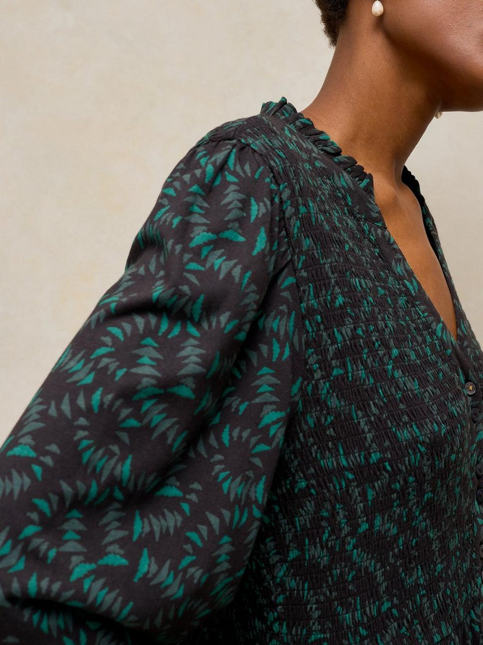ADA SHIRRED DRESS in BLK PR - MODEL DETAIL
