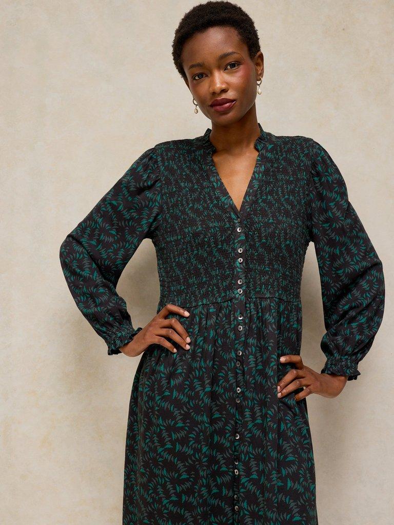 ADA SHIRRED DRESS in BLK PR - MODEL FRONT