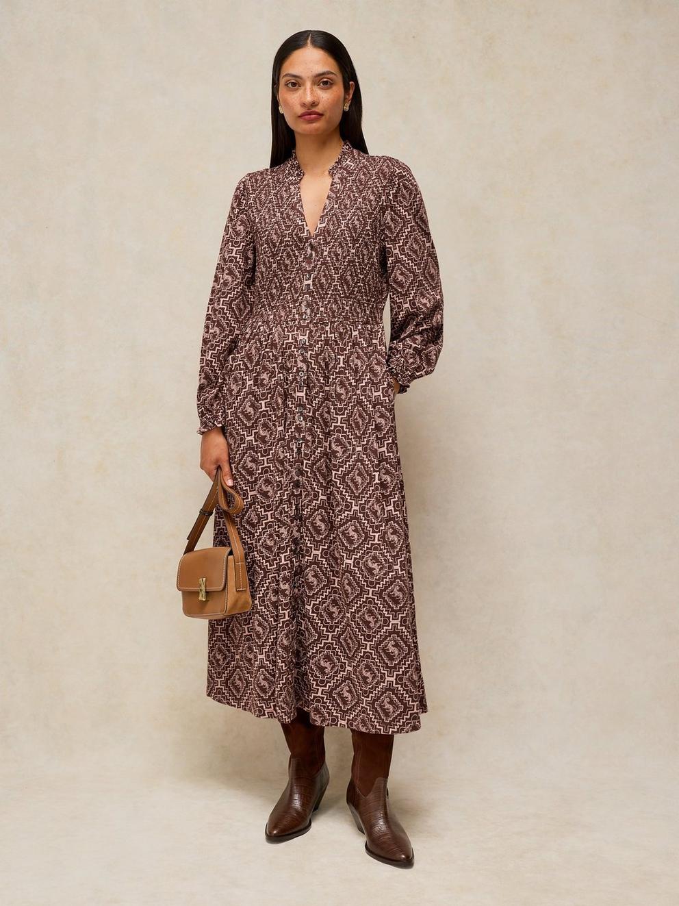 ADA SHIRRED DRESS in BROWN PR - LIFESTYLE