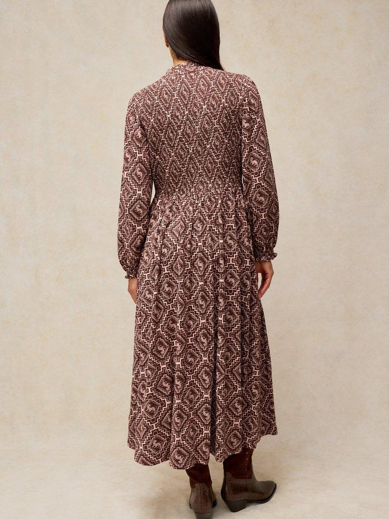 ADA SHIRRED DRESS in BROWN PR - MODEL BACK