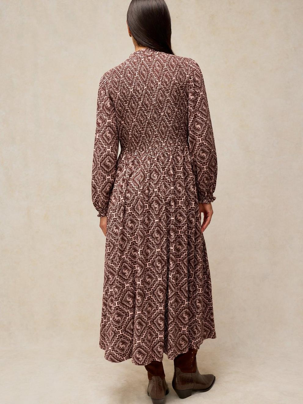 ADA SHIRRED DRESS in BROWN PR - MODEL BACK