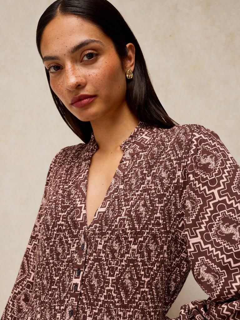 ADA SHIRRED DRESS in BROWN PR - MODEL FRONT