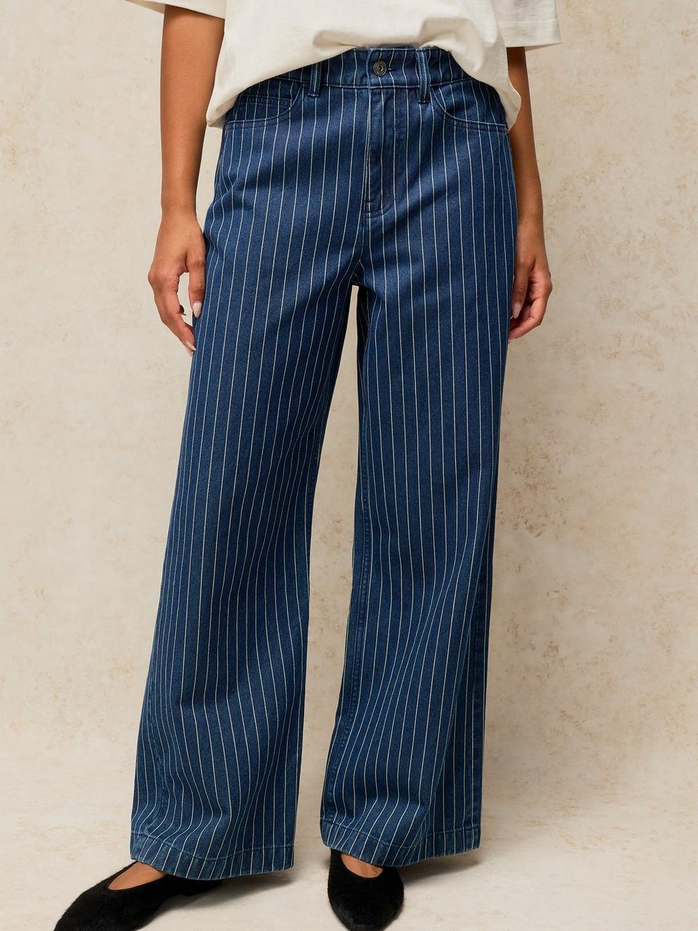 AYLA STRIPE WIDE LEG JEAN in DENIM MLT - MODEL FRONT