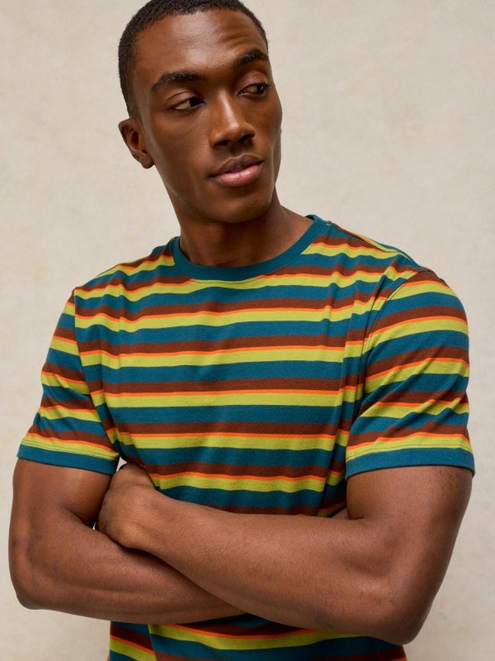 ABERSOCH STRIPE TEE in BROWN MLT - MODEL DETAIL