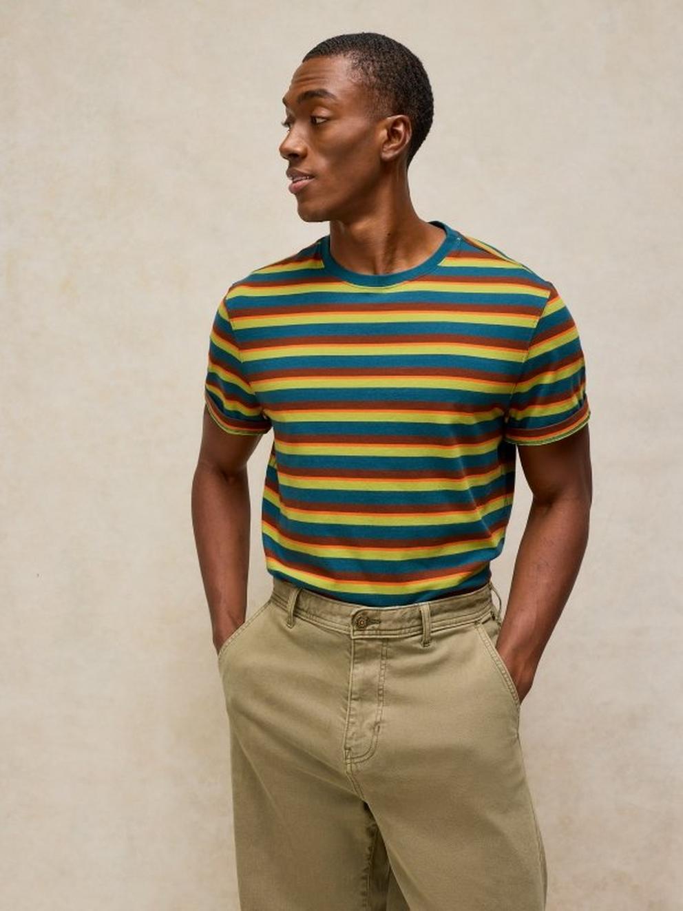 ABERSOCH STRIPE TEE in BROWN MLT - MODEL FRONT