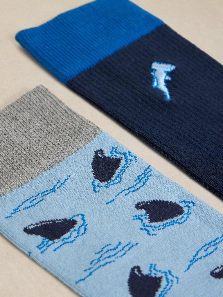 2PK SHARK SOCK in MID BLUE - FLAT DETAIL