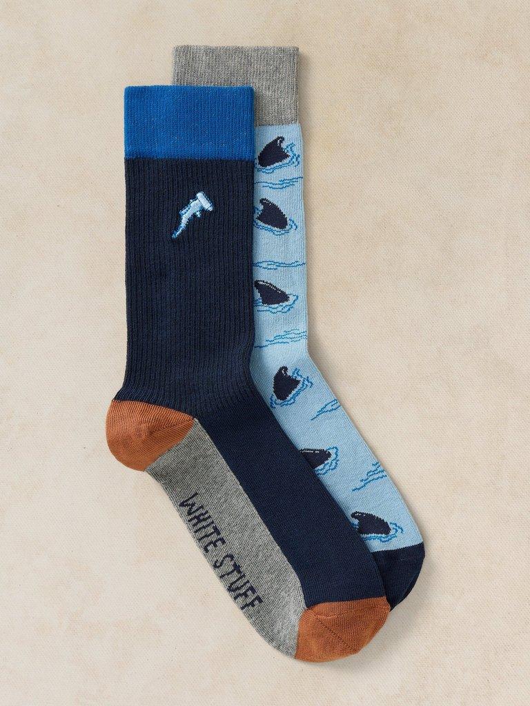 2PK SHARK SOCK in MID BLUE - FLAT FRONT
