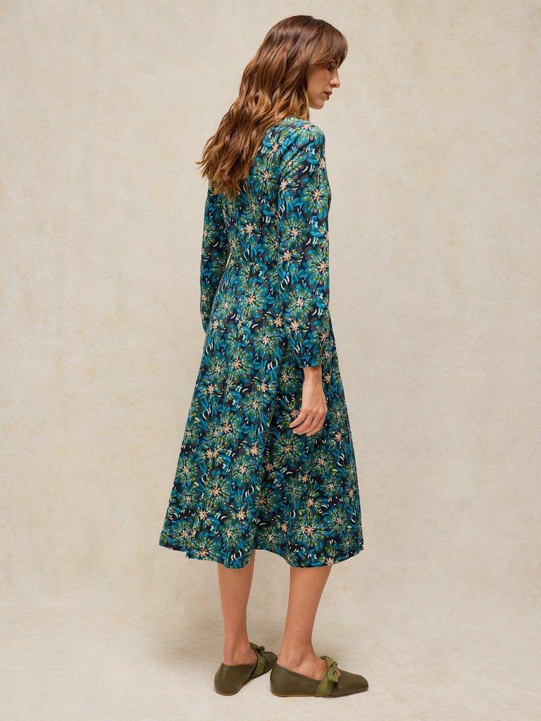 MEGAN JERSEY DRESS in TEAL MLT - MODEL BACK