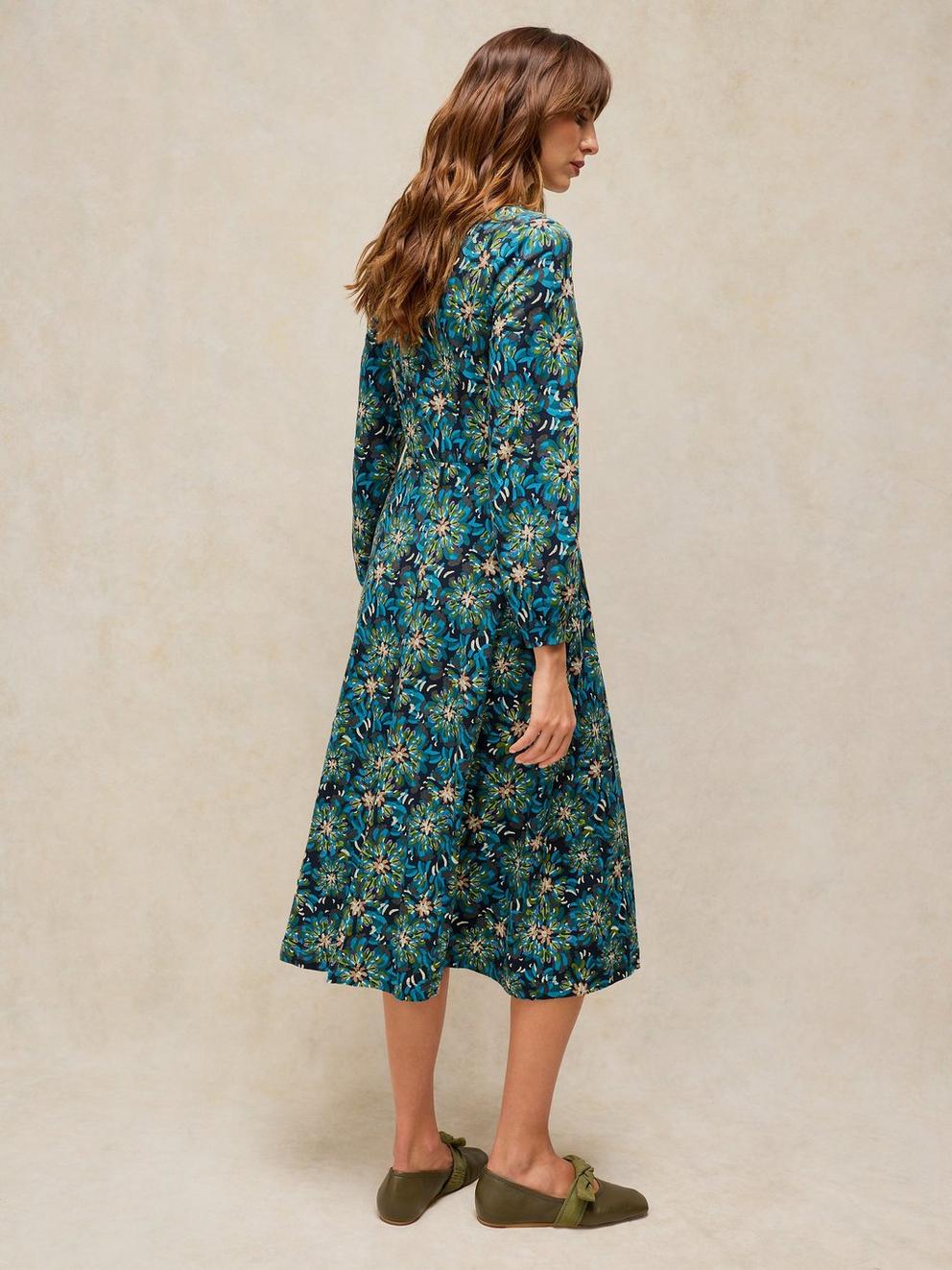MEGAN JERSEY DRESS in TEAL MLT - MODEL BACK