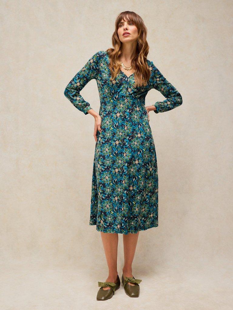 MEGAN JERSEY DRESS in TEAL MLT - MODEL FRONT