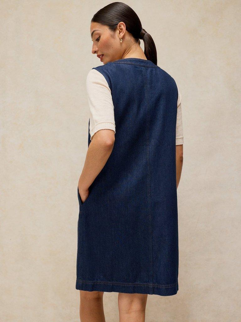 MILLIE DENIM SHIFT DRESS in DK DENIM - MODEL BACK