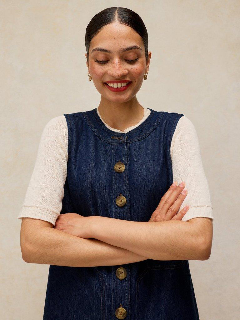 MILLIE DENIM SHIFT DRESS in DK DENIM - MODEL DETAIL