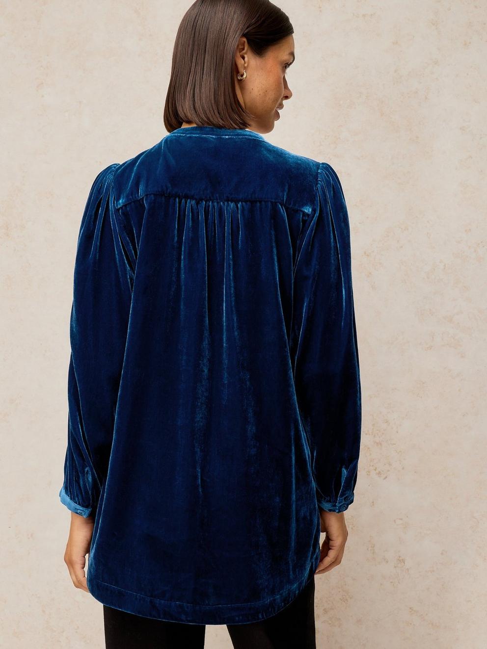LANA VELVET TUNIC in DARK NAVY - MODEL BACK