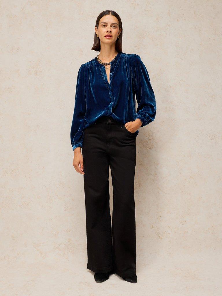 LANA VELVET TUNIC in DARK NAVY - MODEL FRONT