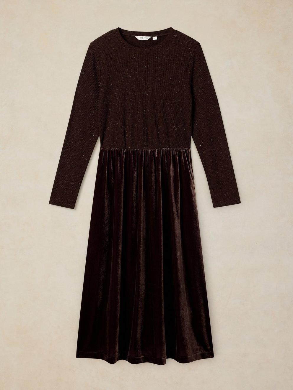 VICE VELVET MIX DRESS in DK BROWN - FLAT FRONT