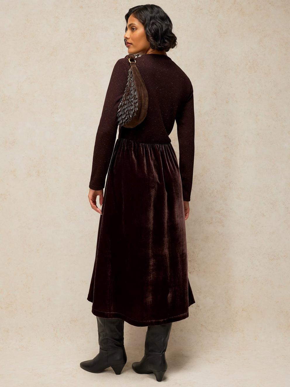 VICE VELVET MIX DRESS in DK BROWN - MODEL BACK