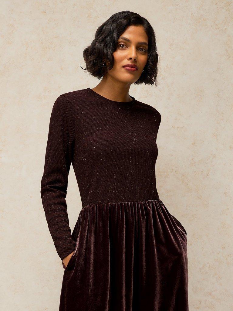 VICE VELVET MIX DRESS in DK BROWN - MODEL FRONT