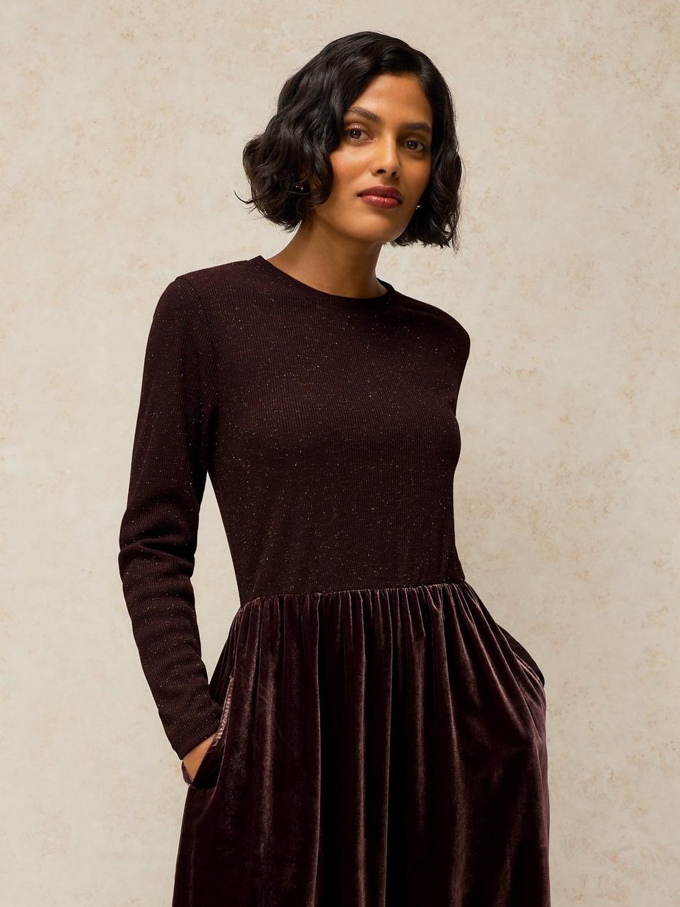 VICE VELVET MIX DRESS in DK BROWN - MODEL FRONT