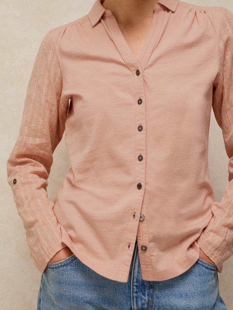 ANNIE MIX JERSEY SHIRT in LGT PINK - MODEL DETAIL