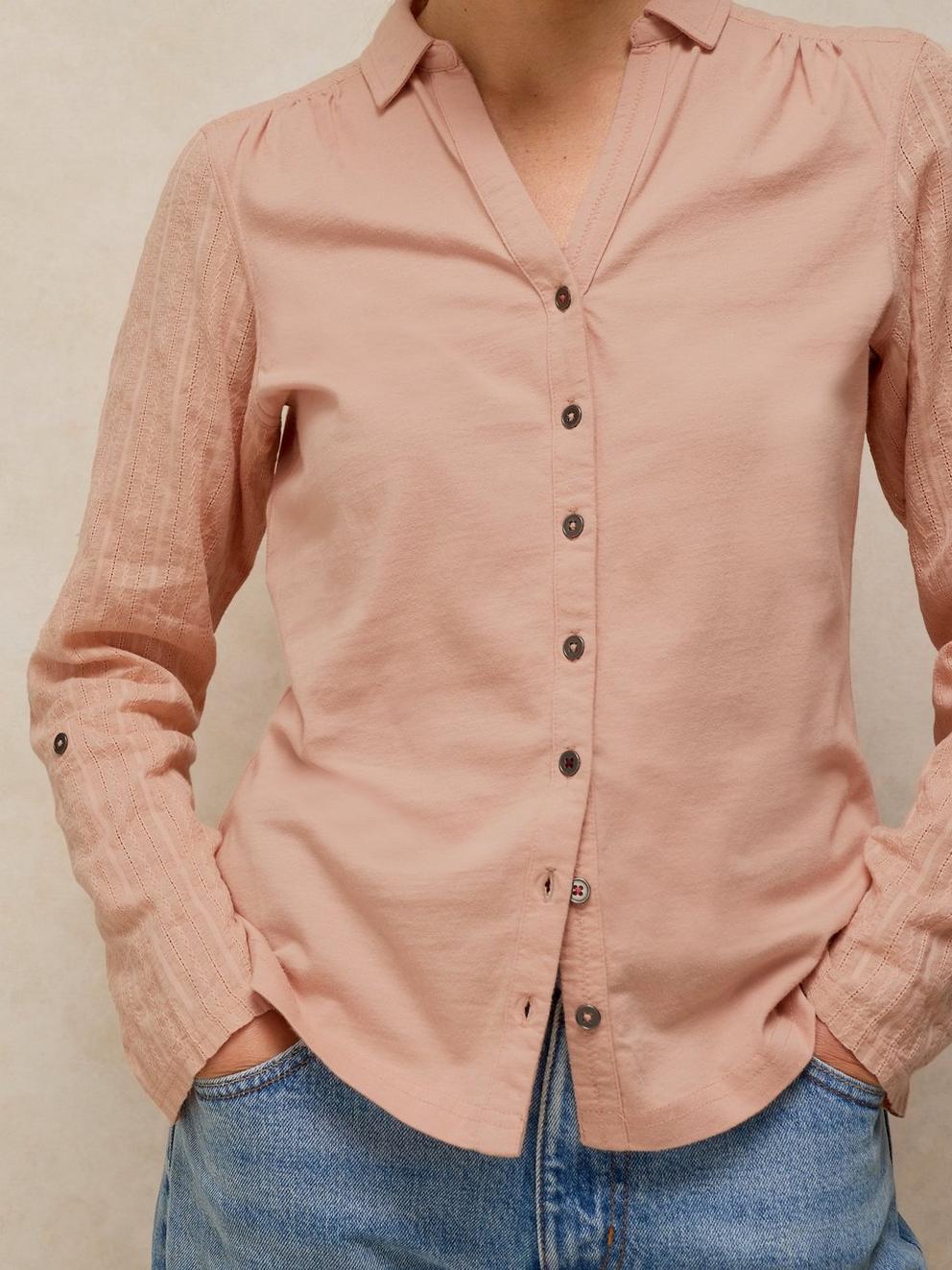 ANNIE MIX JERSEY SHIRT in LGT PINK - MODEL DETAIL