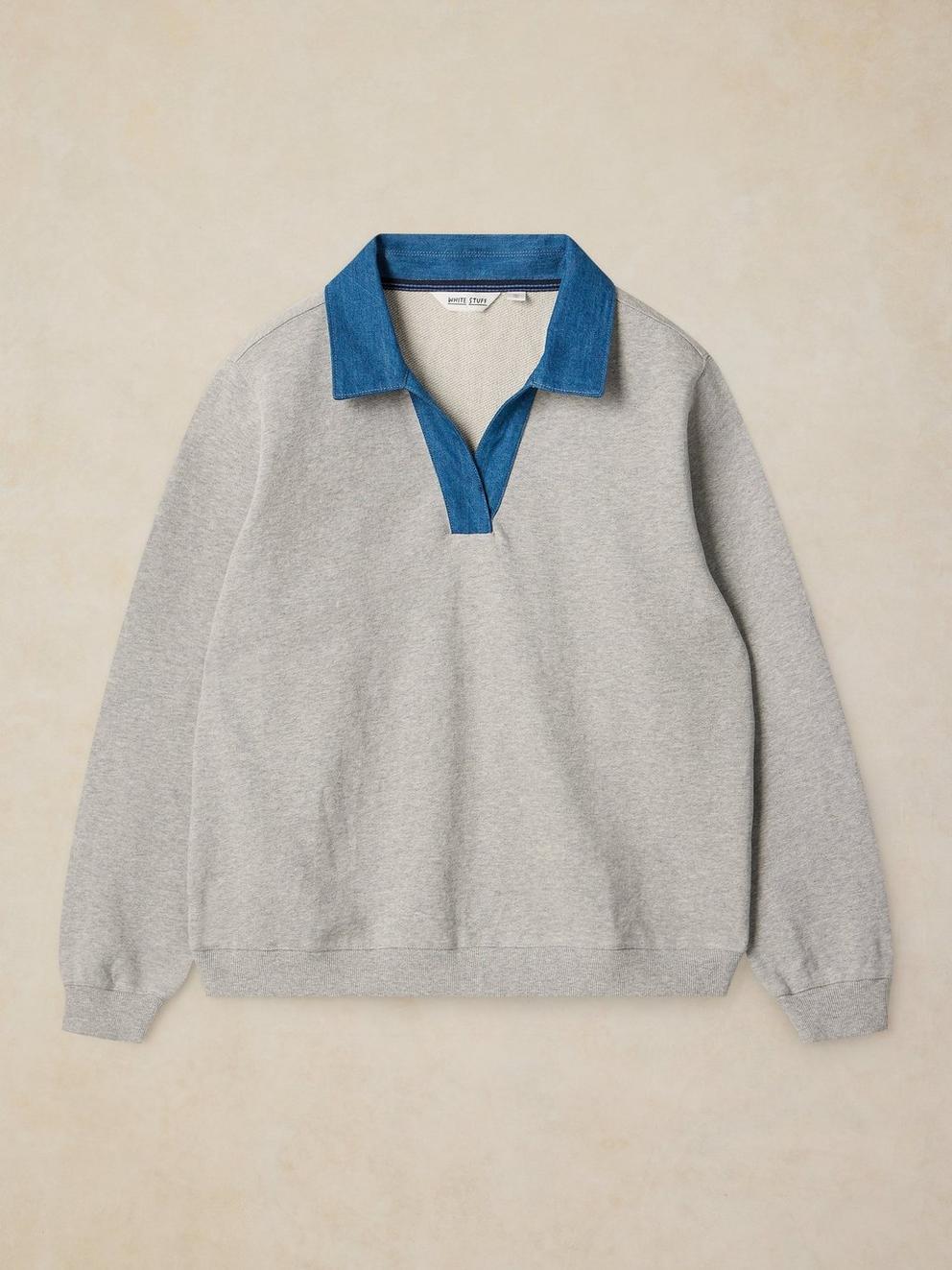 DANNI DENIM COLLAR SWEAT in GREY MARL - FLAT FRONT