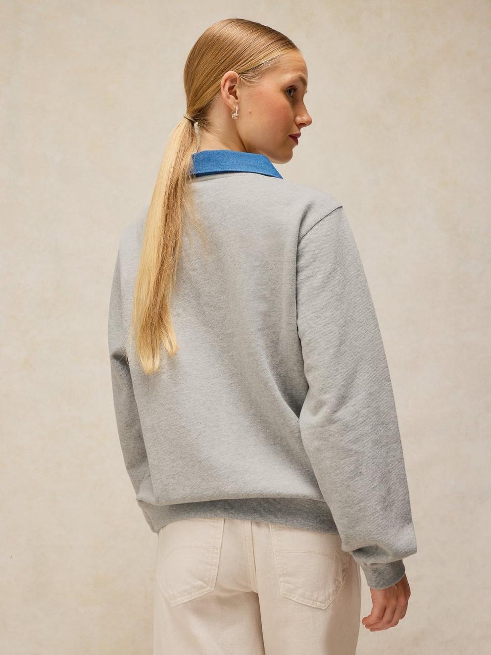 DANNI DENIM COLLAR SWEAT in GREY MARL - MODEL BACK