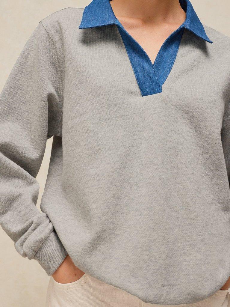 DANNI DENIM COLLAR SWEAT in GREY MARL - MODEL DETAIL