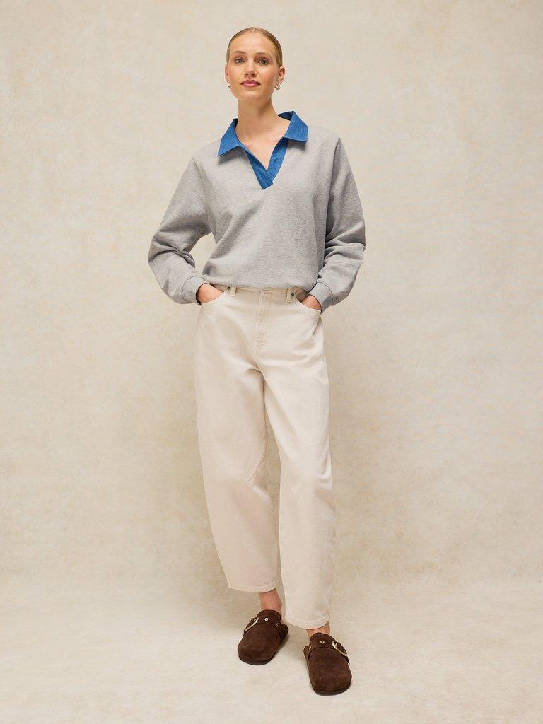 DANNI DENIM COLLAR SWEAT in GREY MARL - MODEL FRONT
