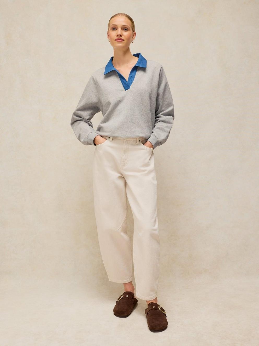 DANNI DENIM COLLAR SWEAT in GREY MARL - MODEL FRONT