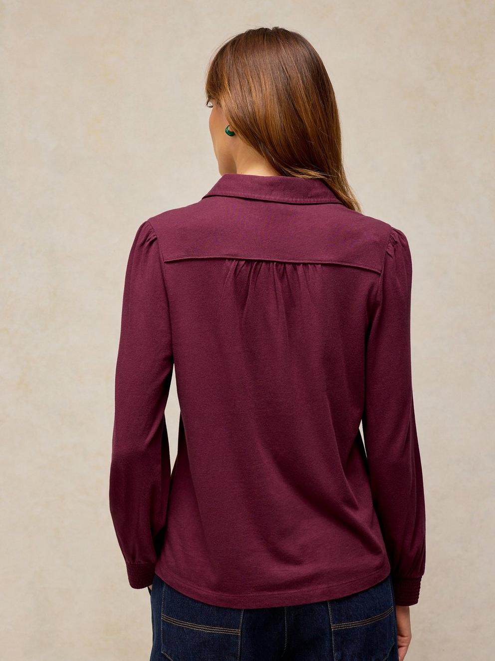 RONLEY EMBROIDERED SHIRT in PLUM MLT - MODEL BACK