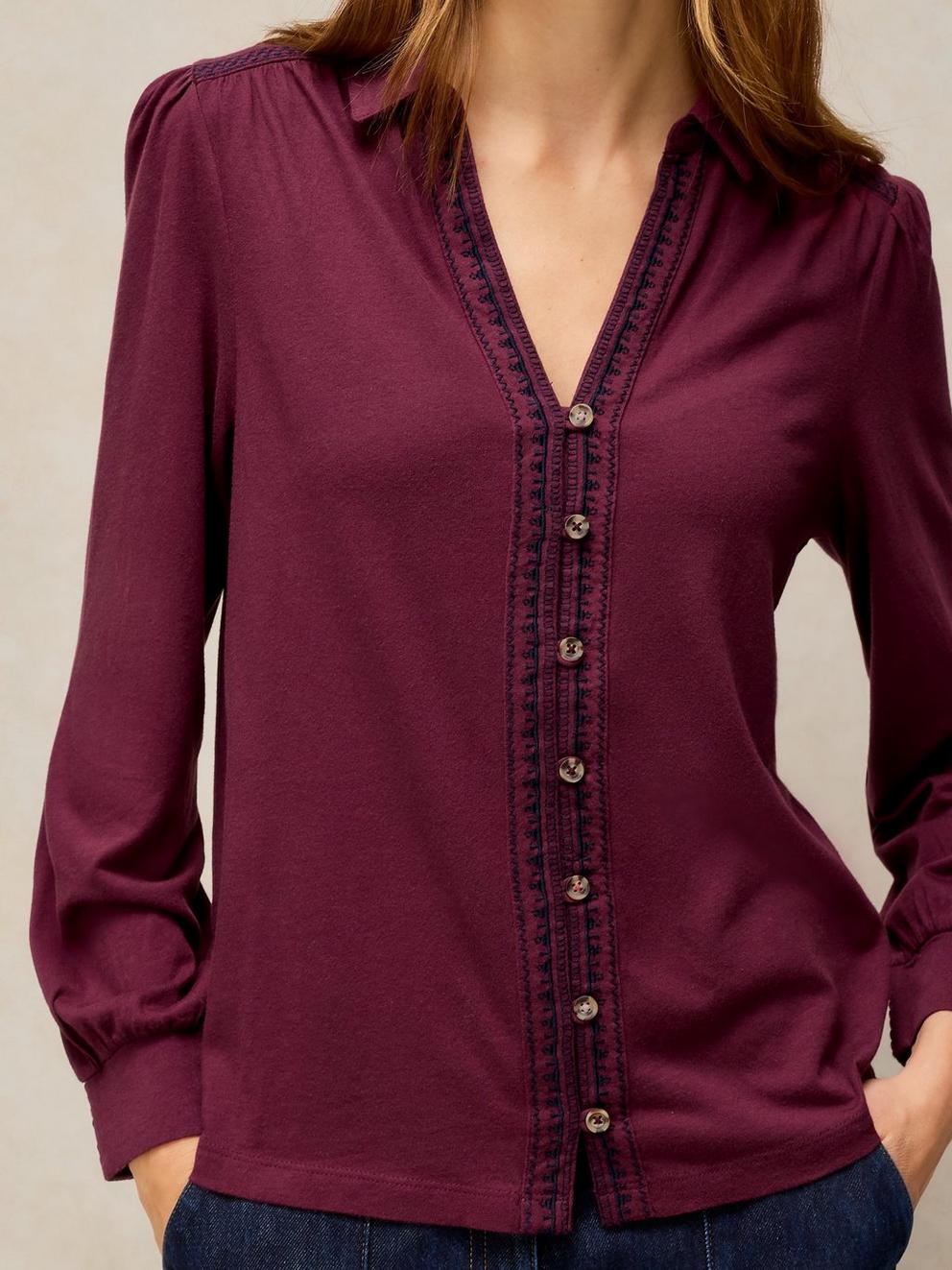 RONLEY EMBROIDERED SHIRT in PLUM MLT - MODEL DETAIL