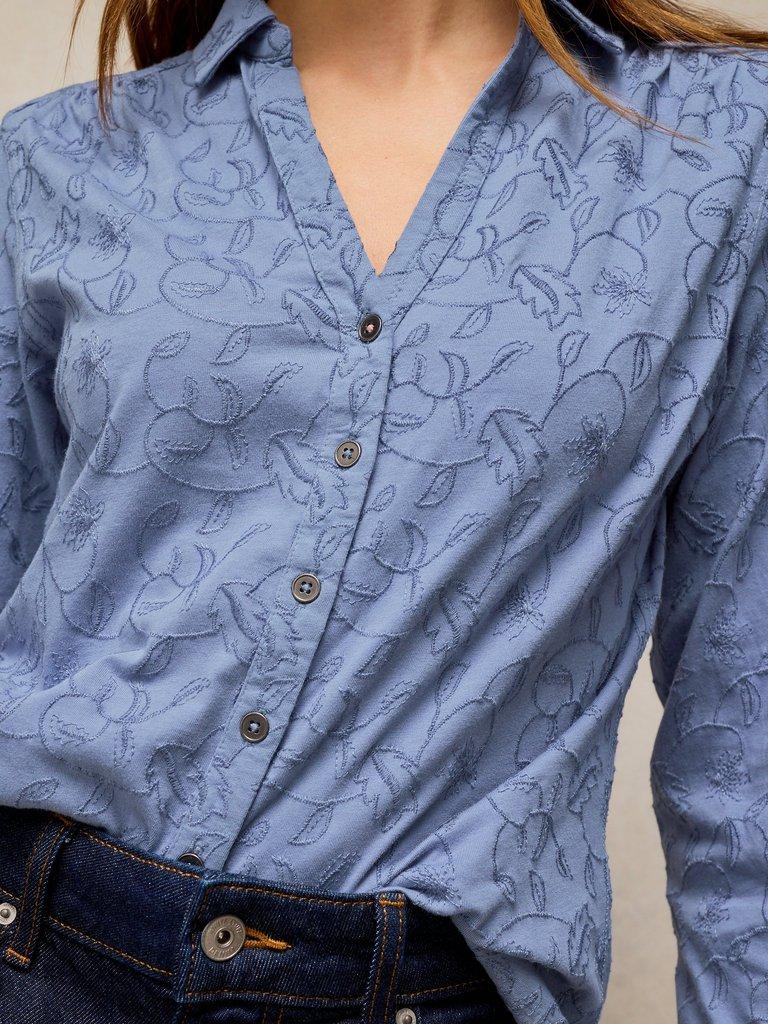 ANNIE EMBROIDERED SHIRT in MID BLUE - MODEL DETAIL