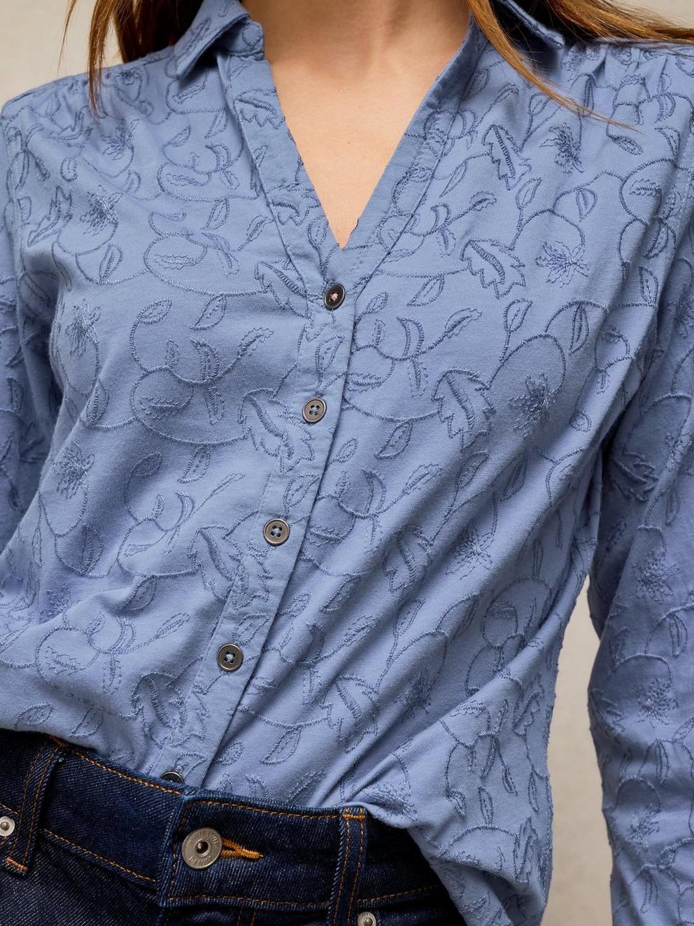 ANNIE EMBROIDERED SHIRT in MID BLUE - MODEL DETAIL