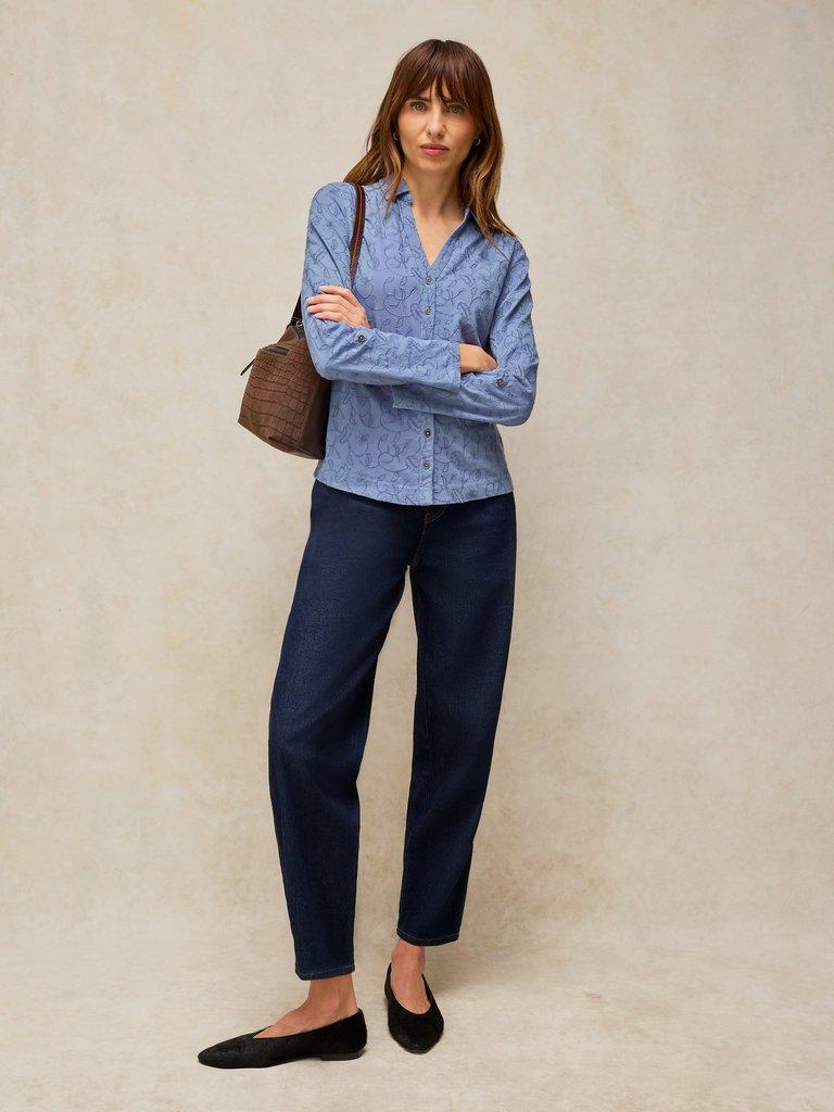 ANNIE EMBROIDERED SHIRT in MID BLUE - MODEL FRONT