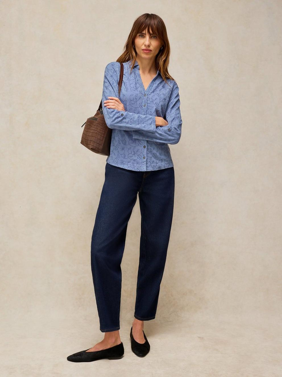 ANNIE EMBROIDERED SHIRT in MID BLUE - MODEL FRONT