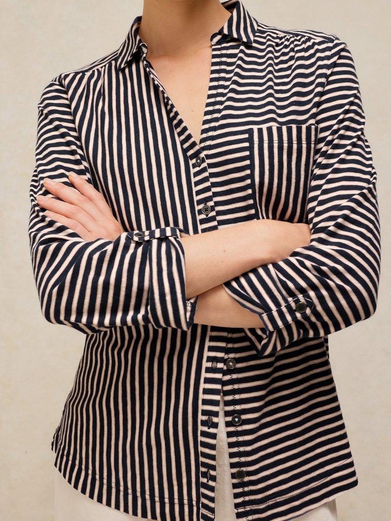 ANNIE STRIPE JERSEY SHIRT in NAVY MULTI - MODEL DETAIL