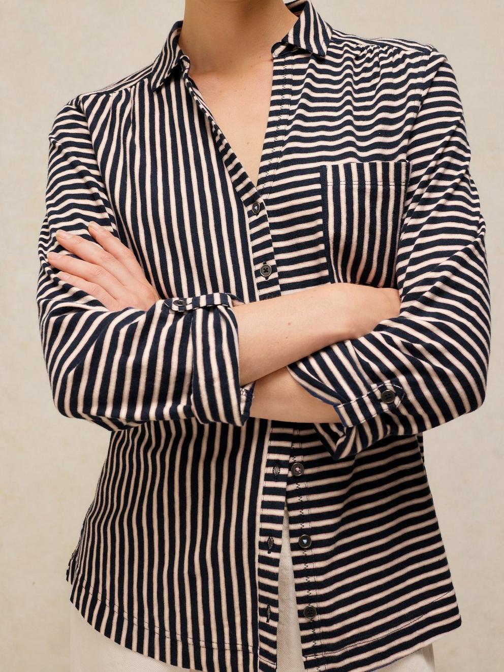 ANNIE STRIPE JERSEY SHIRT in NAVY MULTI - MODEL DETAIL