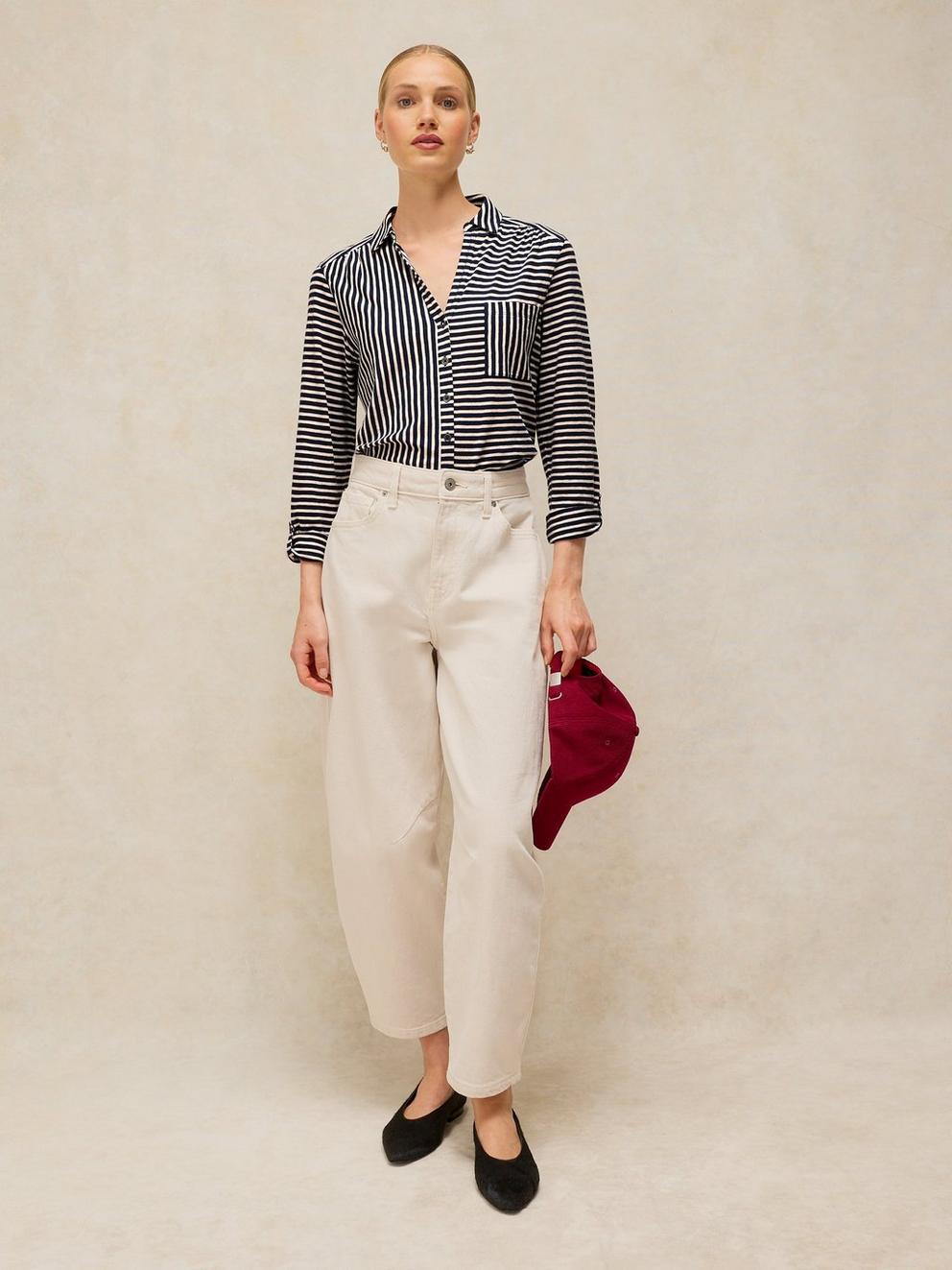 ANNIE STRIPE JERSEY SHIRT in NAVY MULTI - MODEL FRONT