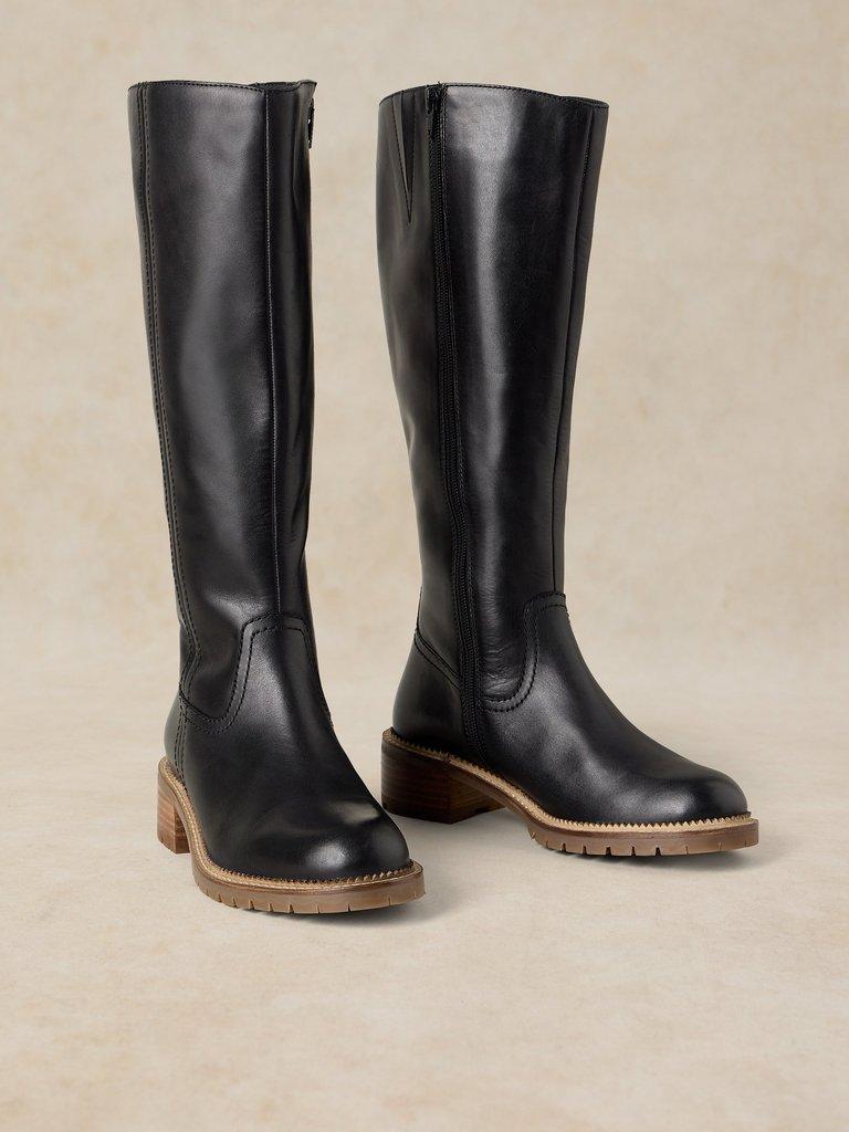 SERENA LEATHER KNEE HIGH BOOT in PURE BLK - FLAT FRONT